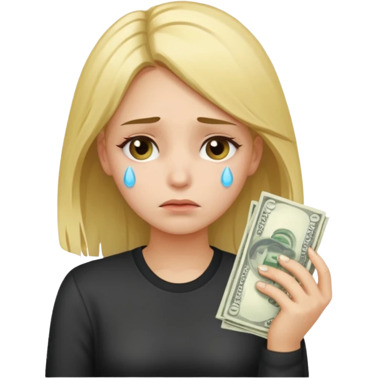 Девушка со светлыми волосами грустная плачет и вытирает слезы купюрой денег emoji