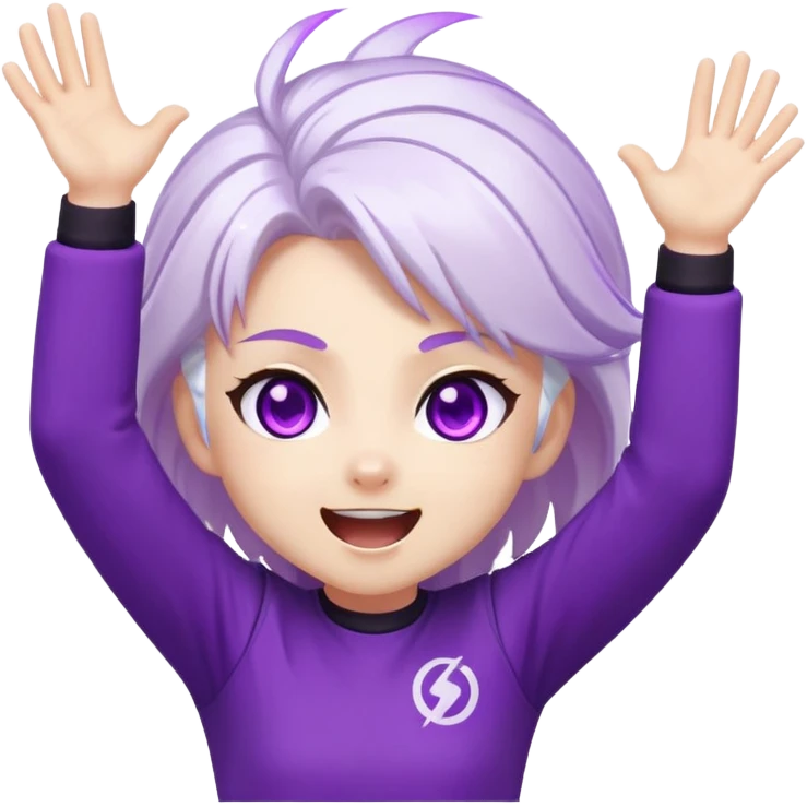 Chibi Sable Ward with excited hype expression, both arms raised high, eyes shining, white hair with purple streaks, fully purple eyes, energy effect around her, extremely excited emoji