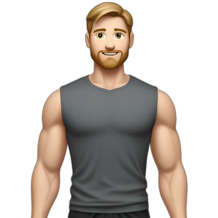 Full height realistic Actively gesturing with hands Pale skinned Fit Man With the biceps and brown hair in dark gray Sleeveless Mike, black oversize sports shorts, watch and white Sneakers emoji