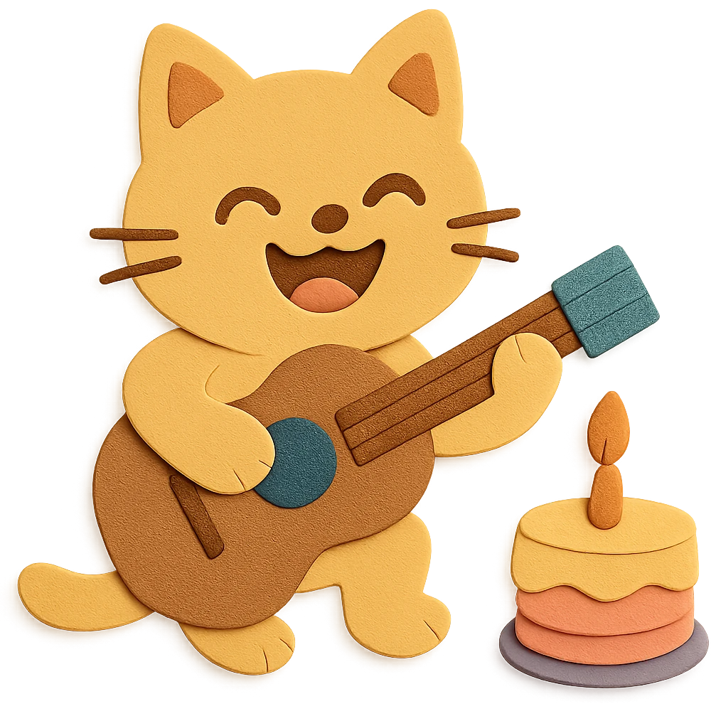 Make the cat laugh happily and enhance the overall design for even better visual appeal. Keep the cat playing guitar next to the cake, and maintain the paper-craft style. emoji