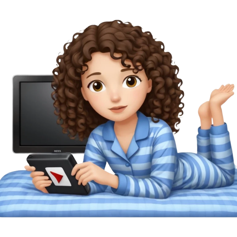 A girl, brunette with curly hair down to her shoulders, watching TV. Have her lie down on the bed, and put on Netflix on the TV. emoji