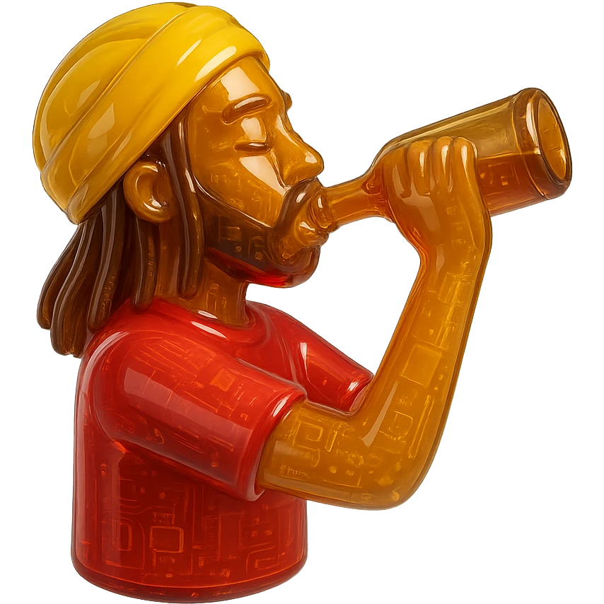Brownskin man with long brown dreadlocks 
red t-shirt 
yellow turban 
expression is drinking alcohol emoji
