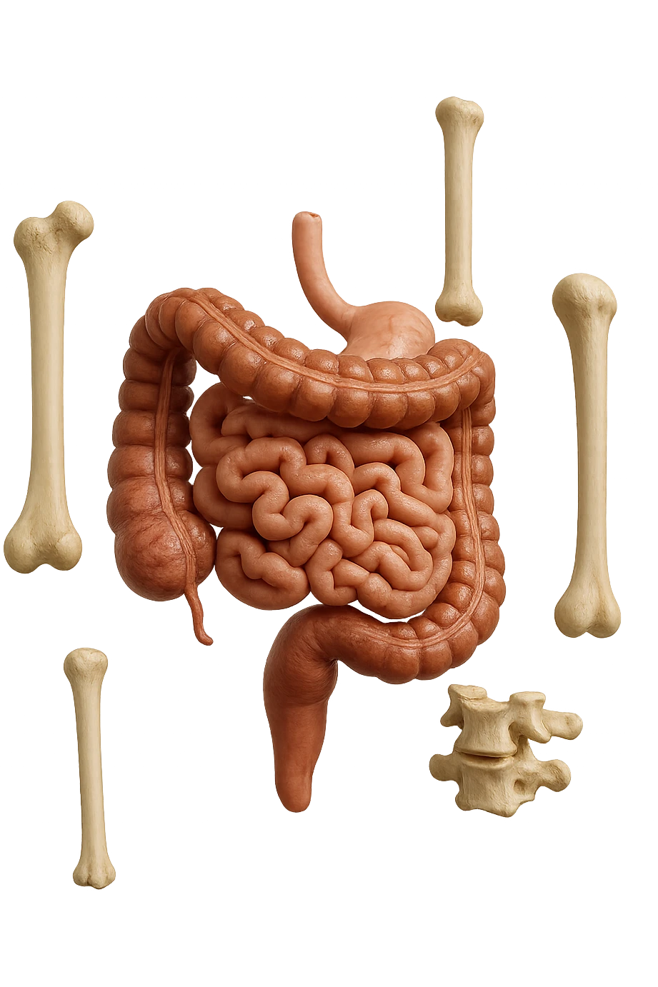 intestino umano anatomico e ossa umano anatomico fluttuano in aria, iperrealistico 4k emoji