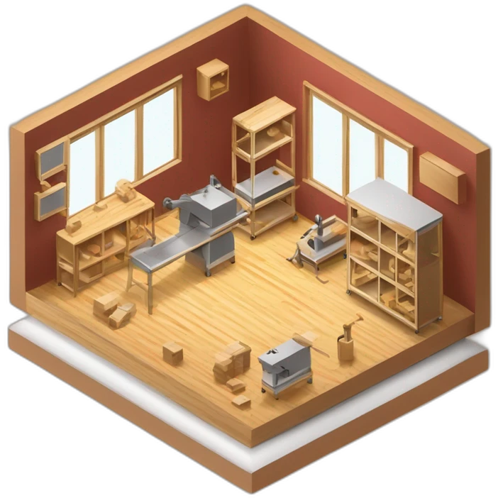 isometric square transparent solid outline border containing indoor creative workshop handmade woodworking factory people actively working cnc machine tools simple clean industrial emoji