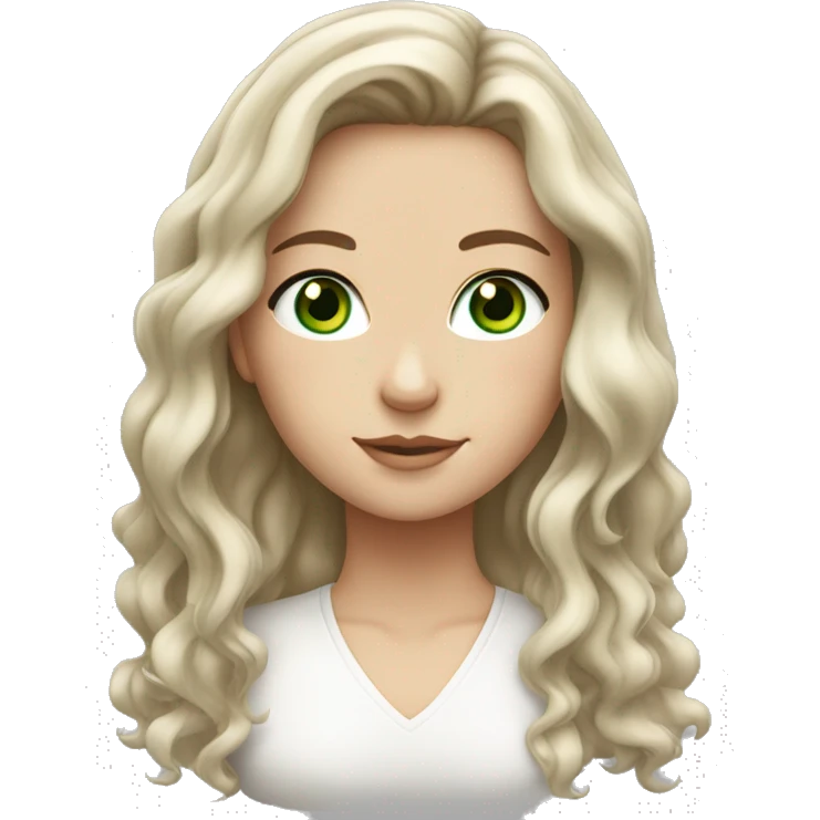 White girl with brown wavy middle-parted long hair with GREEN eyes emoji