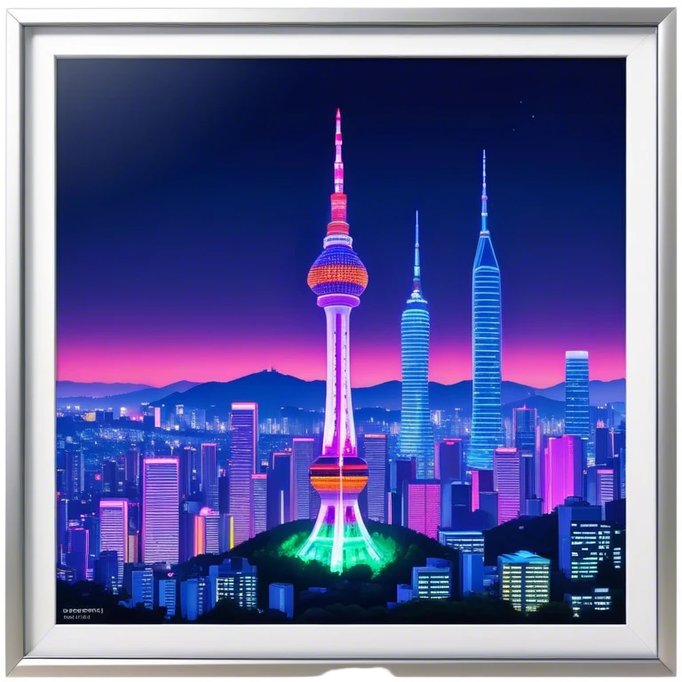 N Seoul Tower – Cinematic Realistic N Seoul Tower, depicted as a sleek modern tower illuminated against a vibrant cityscape at night, with reflective glass and dynamic neon lighting, rendered with intricate architectural detail and a futuristic urban glow. emoji