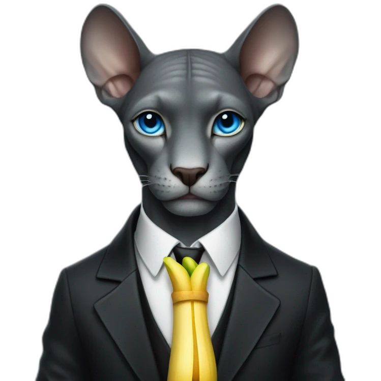 dark grey sphinx with bright blue eyes wearing black suit, holding banana in paws, portrait emoji