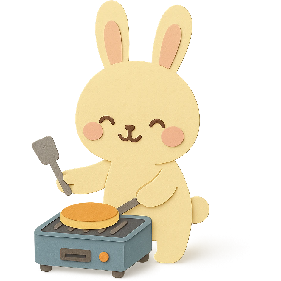cute electric grill rabbit cooking a pancake, blushing joyfully, pastel yellow, full-body emoji