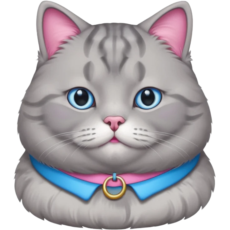 A fat grey cat with a pink collar with blue eyes emoji