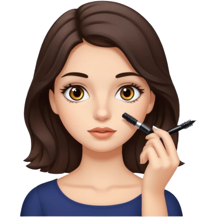 Garota branca de cabelos levemente ondulados castanhos escuros médio aplicando máscara de cílios emoji