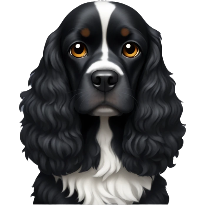 Small completely black king spaniel with black fur on his whole face and white stripe on chest emoji