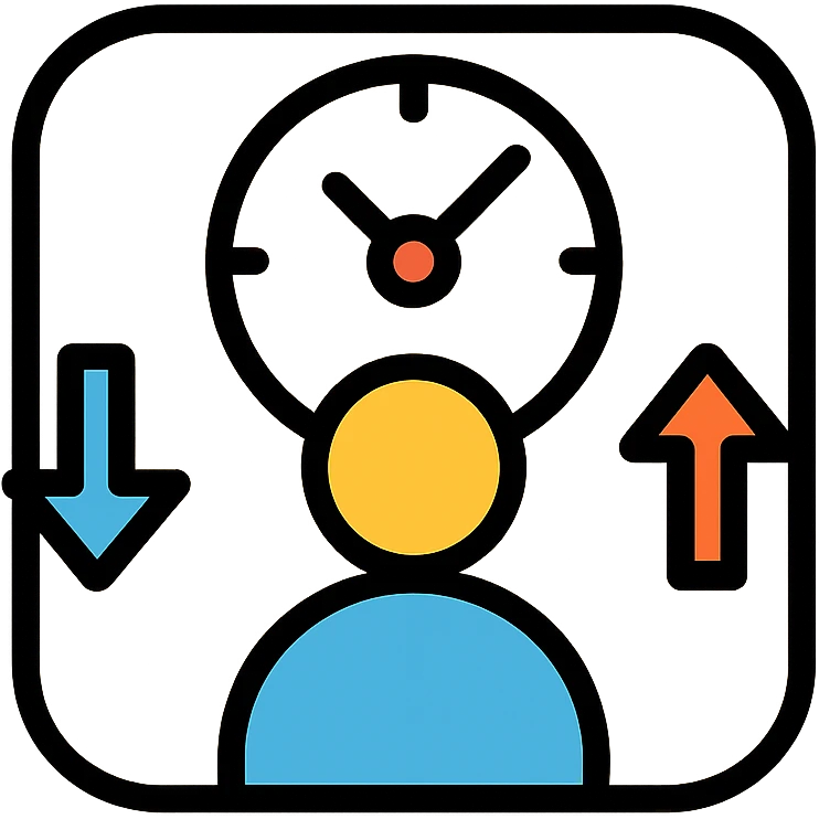 app icon with a person and arrows indicating in and out, for an hours management system, modern icon style emoji
