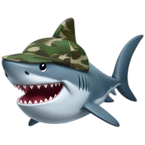 cartoon shark standing with a camouflage cap on its head emoji