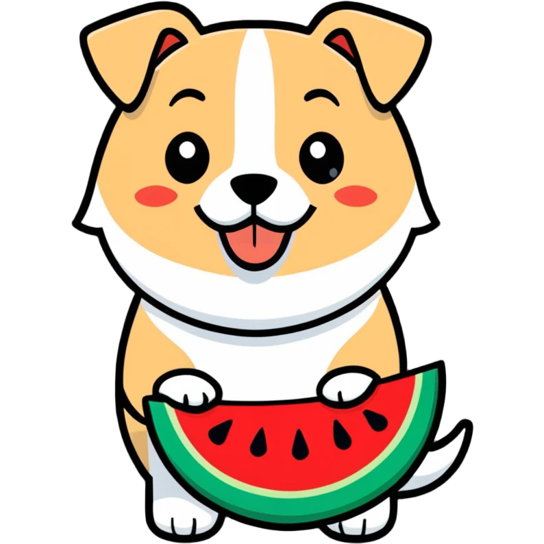 dog with brown eyebrows holding a watermelon emoji