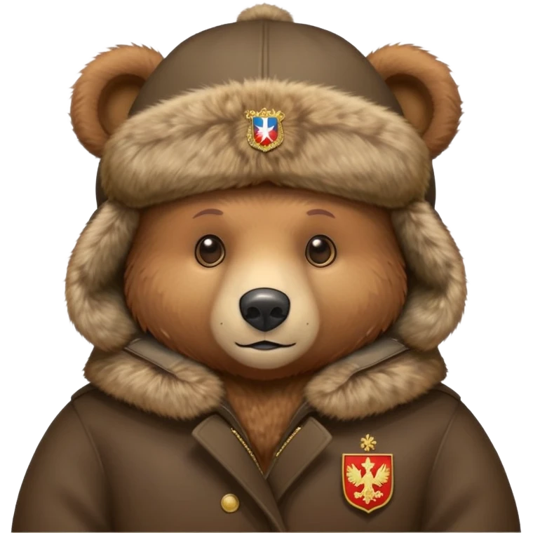 Cute brown bear in Russian fur ushanka hat with coat of arms pin, front view, iOS emoji style emoji