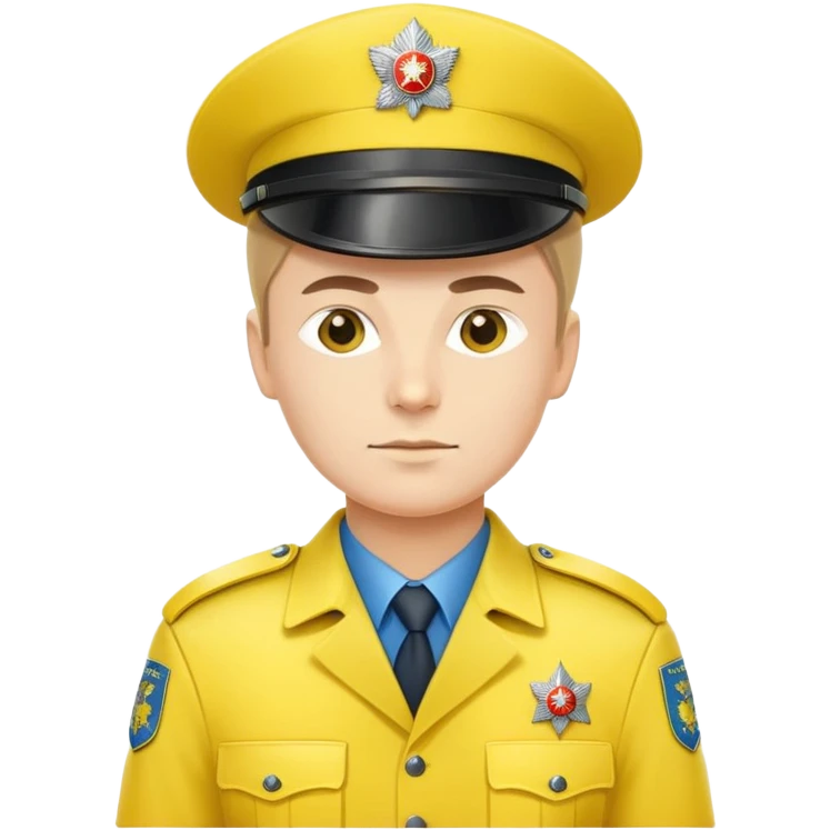 Russian police officer with bright yellow hat and yellow uniform, standing at attention emoji