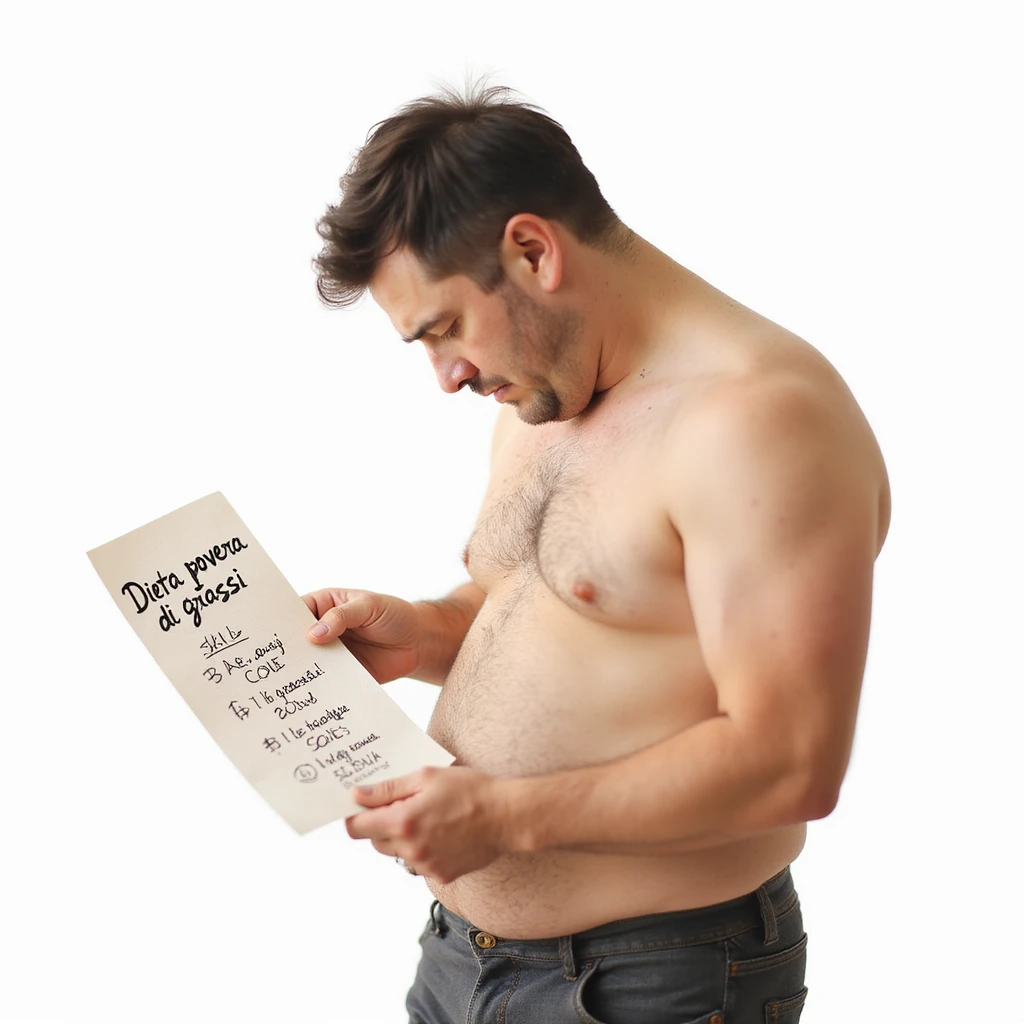 realistic man with untoned body and slumped posture holding a shopping list highlighting only lean foods and no healthy fats, attention symbols near skin and hair, Italian caption: 'Dieta povera di grassi: rischio per salute ed estetica', isolated on white background emoji