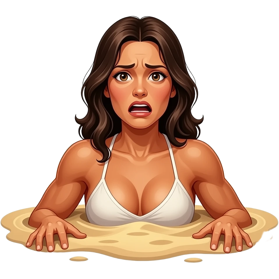 a terrified deeply tanned shirtless muscular woman chest deep in quicksand with jungle trees around her emoji