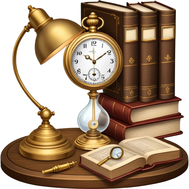 Icon for Antiques Collecting: a vintage pocket watch, an old ornate lamp, and a porcelain figurine, all placed on a wooden table surrounded by aged books and a magnifying glass. The icon should evoke the elegance and history of antique collecting. Transparent background. emoji