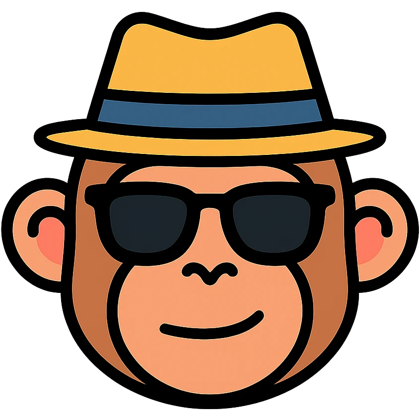 monkey wearing a fedora hat and sunglasses, icon style, clean lines, simple shapes, minimal color, modern look emoji