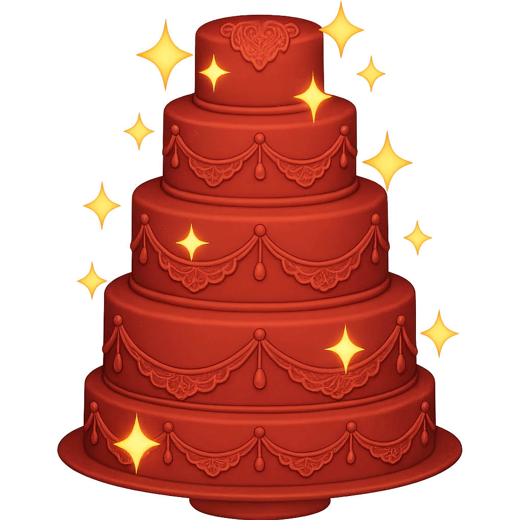 Add a sparkle effect to the elegant red wedding cake with lace details. Keep the background transparent. The style should resemble emoji style with bright colors and simple shapes. emoji