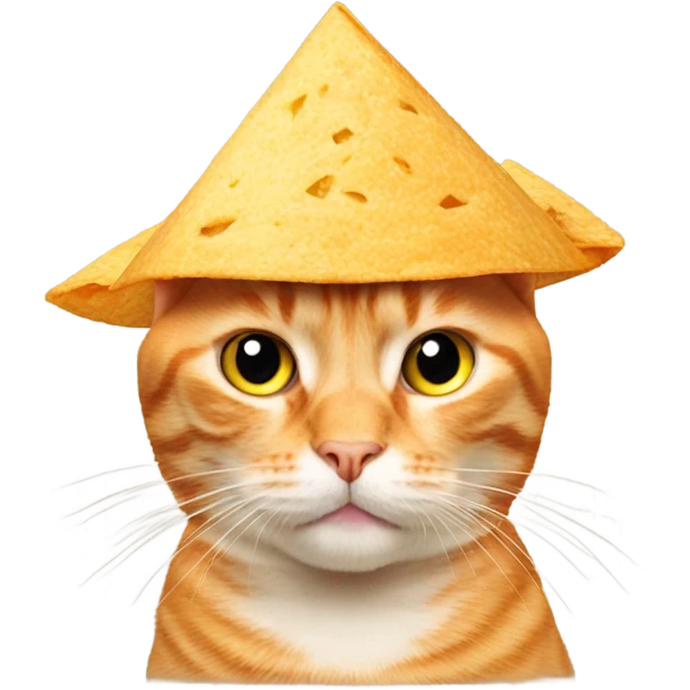 Orange cat wearing a tortilla chip emoji