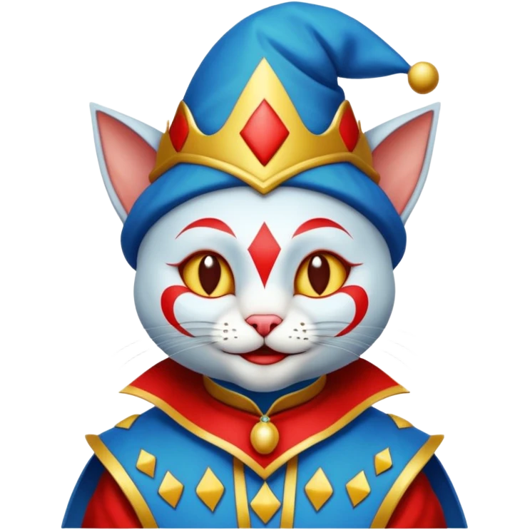 crazy colorful cute little cat jolly joker from poker, medieval, vintage, court jester, mac os icon, blue color emoji