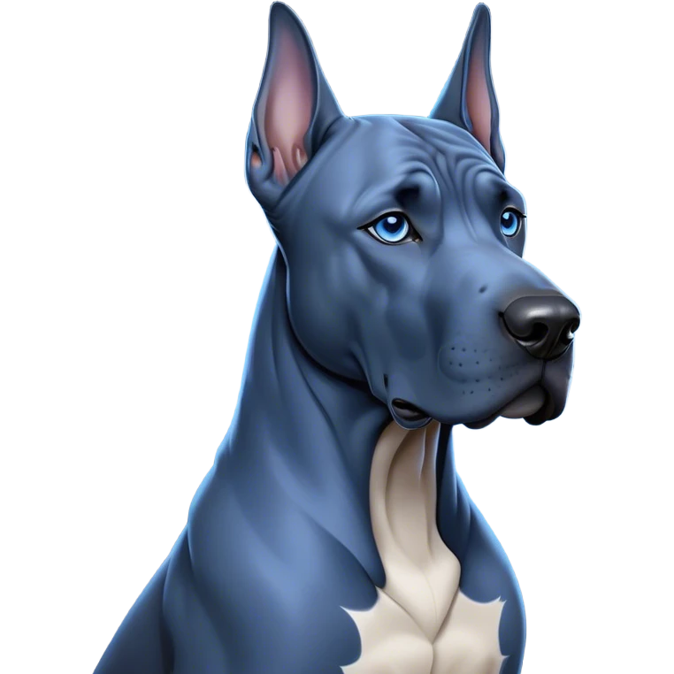 Cinematic Noble Blue Great Dane Portrait Emoji, Poised and regal, with a towering, muscular build and a sleek, well-groomed deep blue Fur, deep-set soulful steel-blue eyes, Simplified yet sharp and sophisticated features, highly detailed, glowing with a cool, dignified glow, high shine, intelligent and commanding, stylized with an air of majesty, focused and attentive, soft glowing outline, capturing the essence of a watchful and authoritative guardian, so majestic it feels as though it could stride out of the screen with effortless authority! emoji