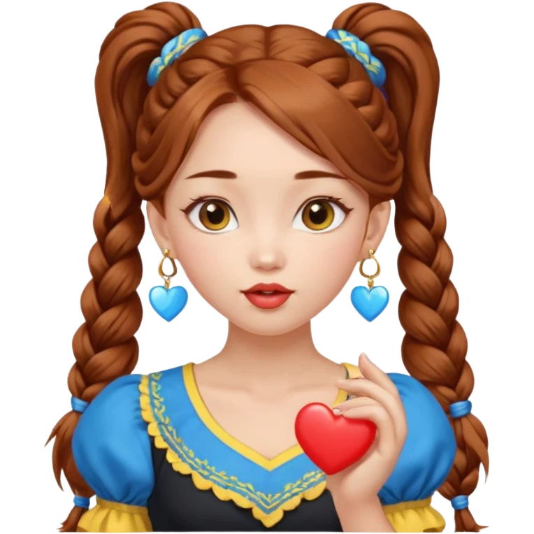 A cute ukrainian girl, looks slightly mongolian with full lips, with long auburn hair two side ponytails plaited, has heart earrings in the ukrainian yellow and blue, and is wearing her little black dress, she is blowing a kiss. emoji