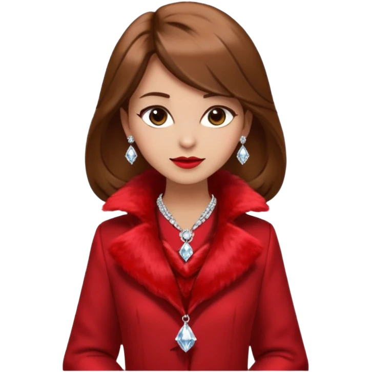 * Character: A stylish lady,brown hair
* ﻿﻿Clothing: A luxurious red fur coat
* ﻿﻿Accessories: A dazzling diamond necklace
* ﻿﻿Expression: Confident, elegant, maybe slightly glamorous
* ﻿﻿Pose: Head slightly tilted or a poised posture
* ﻿﻿Style: Emoji-like, simple but expressive emoji