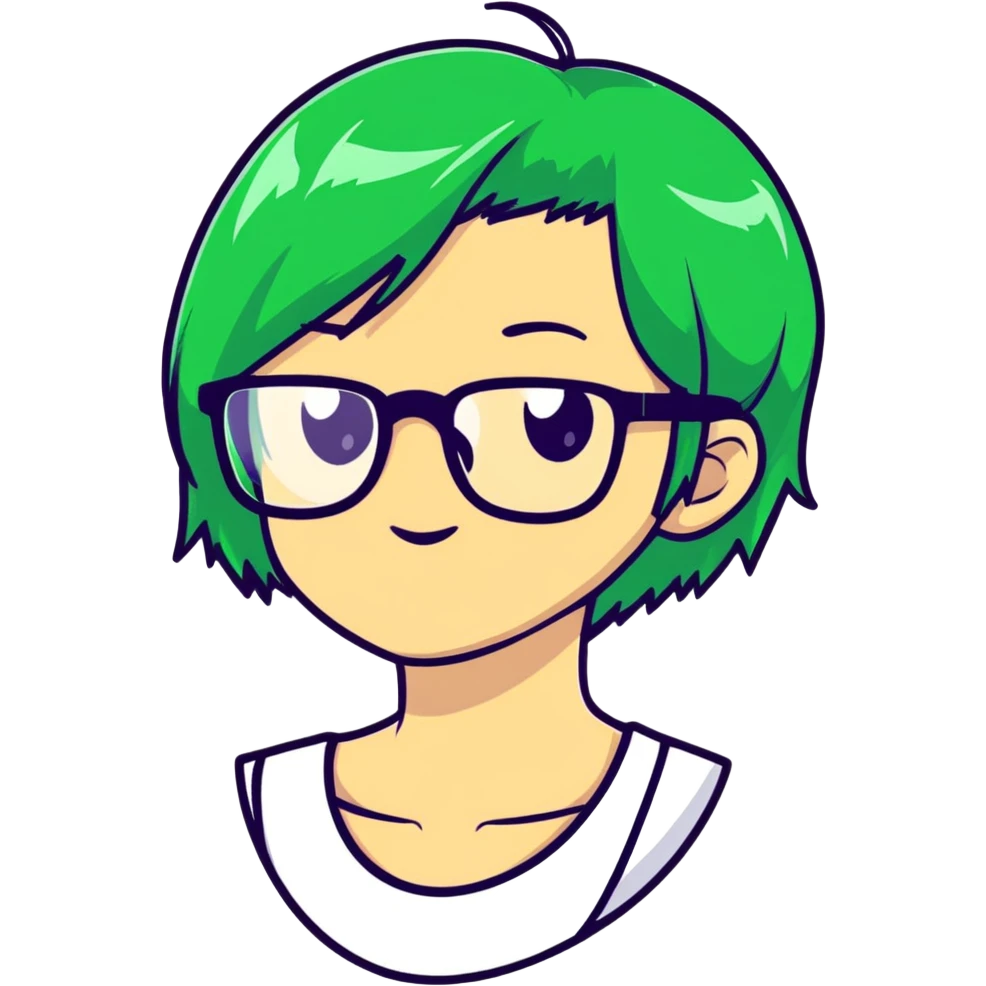 Seele with green hair and glasses biting, cartoonish sticker style emoji