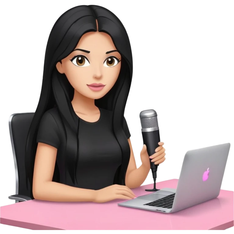 tanned long black hair woman, sat at desk with pink MacBook, podcast microphone black top and pink, sexy, glass table emoji