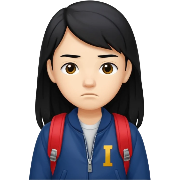 college student with annoyed face , black hair , with navy varsity jacket( initial I)  and  and backpack , girl, long hair,  emoji