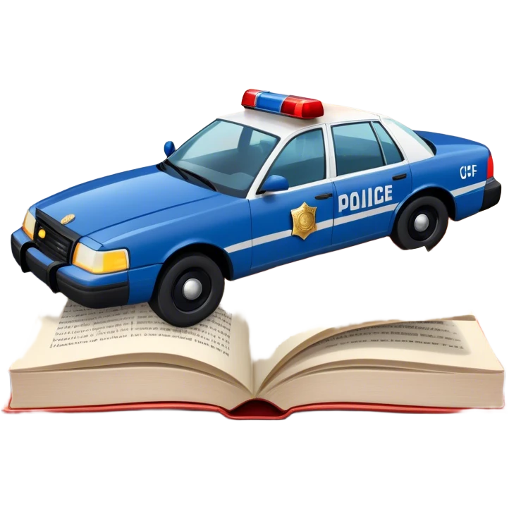 Icon for Action & Crime Reading: an open large book with text on the pages, a police car is driving out, with explosions behind, a helicopter flying above, a pistol with bullets in the front. The icon should capture the thrilling action and suspense of crime stories. Transparent background. emoji