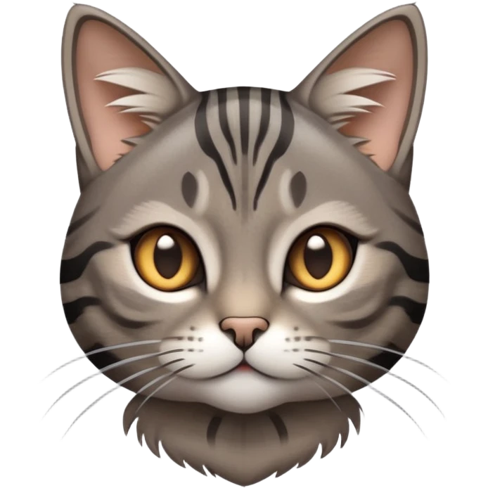 cinematic-cute-grey-and-black-brown-tabby-cat-portrait-emoji,-head-tilted-playfully-and-inquisitively,-sleek-grey-brown-fur-with-bold-black-tabby-stripes-and-a-distinctive-m-shaped-marking-on-the-forehead,-sparkling-amber-eyes,-simplified emoji
