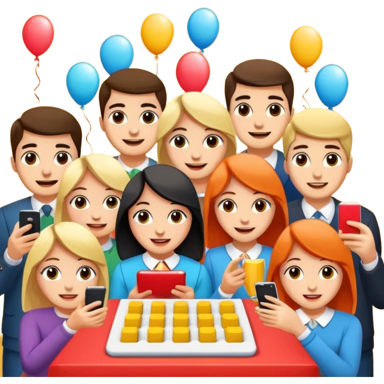 Party quiz with happy people with no phone writing blocks empty eyes emoji