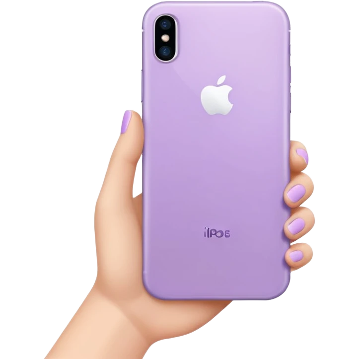 close up of a pastel purple iPhone in hand, back view, iOS Apple emoji style emoji