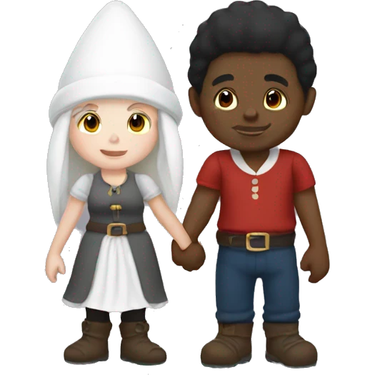 A black male gnome holding hands with a white female gnome emoji