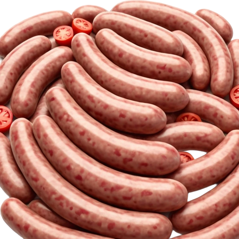 portion of raw sausage filling, coarse grind, pink-red meat, visible white fat, moist uneven texture, natural color variation, unprocessed look, clean 3D rendering, soft light, subtle shadow, no background elements, no anthropomorphic features, transparent background, emoji scale emoji