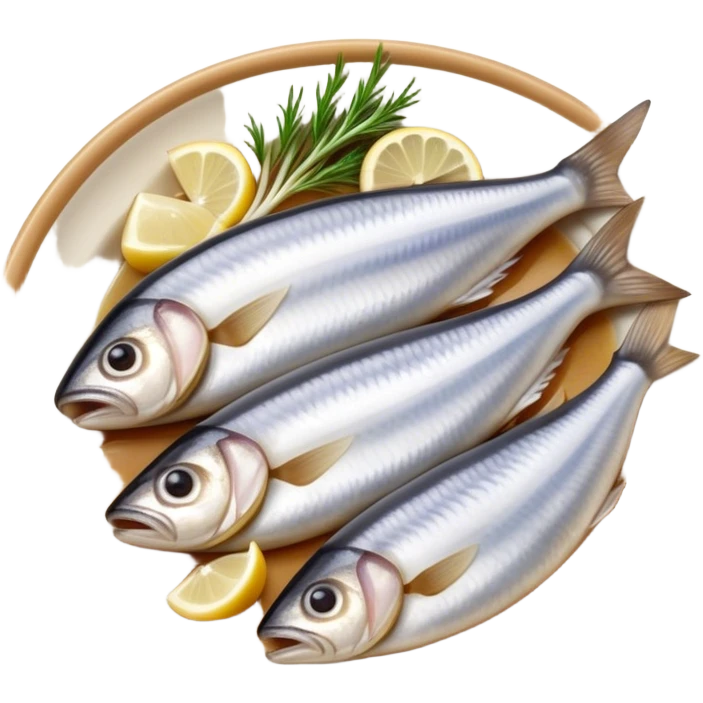 Cinematic Realistic Herring Dish Emoji, showcasing a traditional preparation of fresh herring with onions rendered with lifelike detail and cool, crisp lighting. emoji