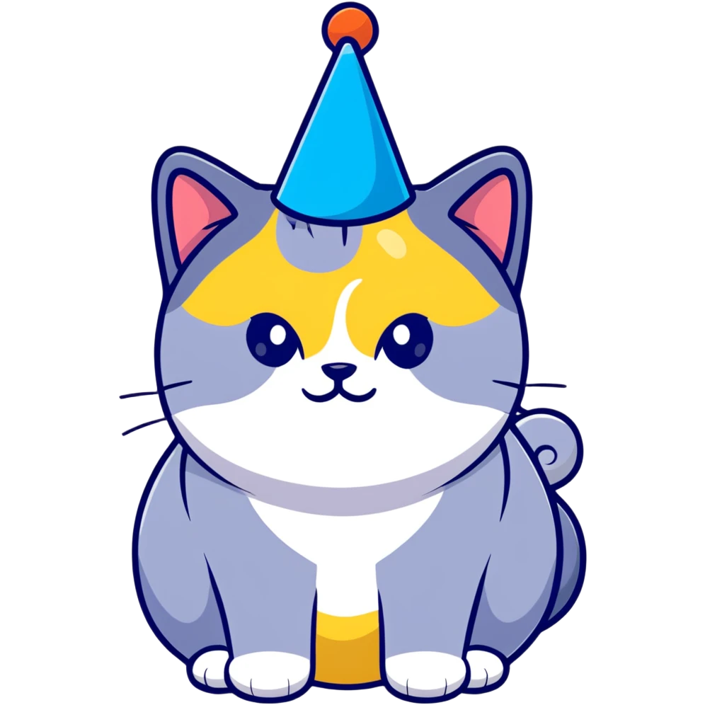 British shorthair blue cat with round face and chubby cheeks wearing a colorful birthday hat emoji