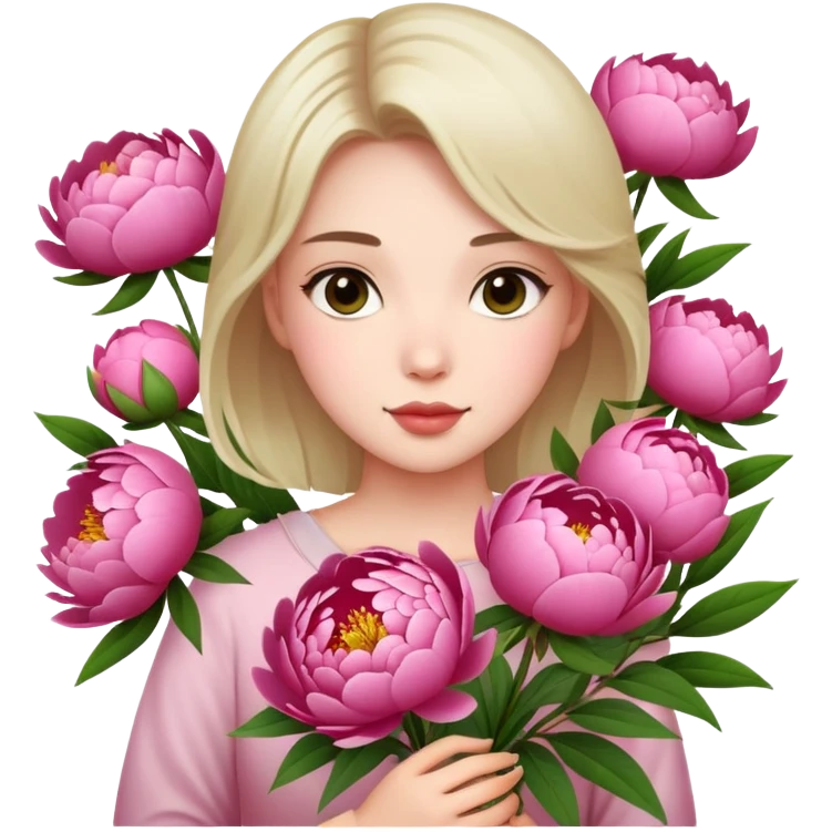 Upper body photo of a beautiful girl holding many peony flowers emoji