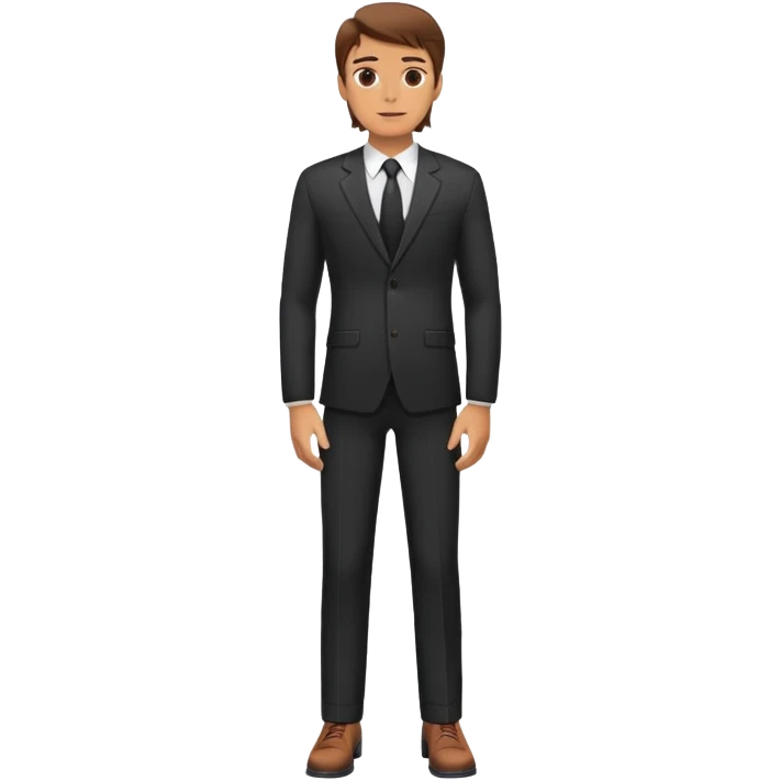 western Caucasian male, brown hair, standing wearing dark suit and shoes, with hands on hips emoji