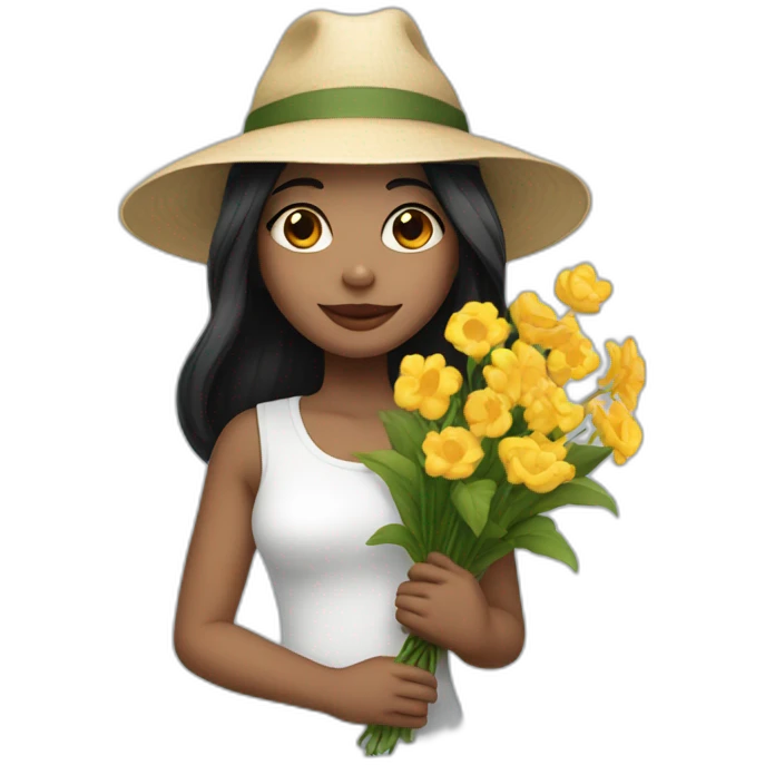 white skin, Girl with a hat, black hair straight to the shoulders, holding a bouquet of flowers emoji