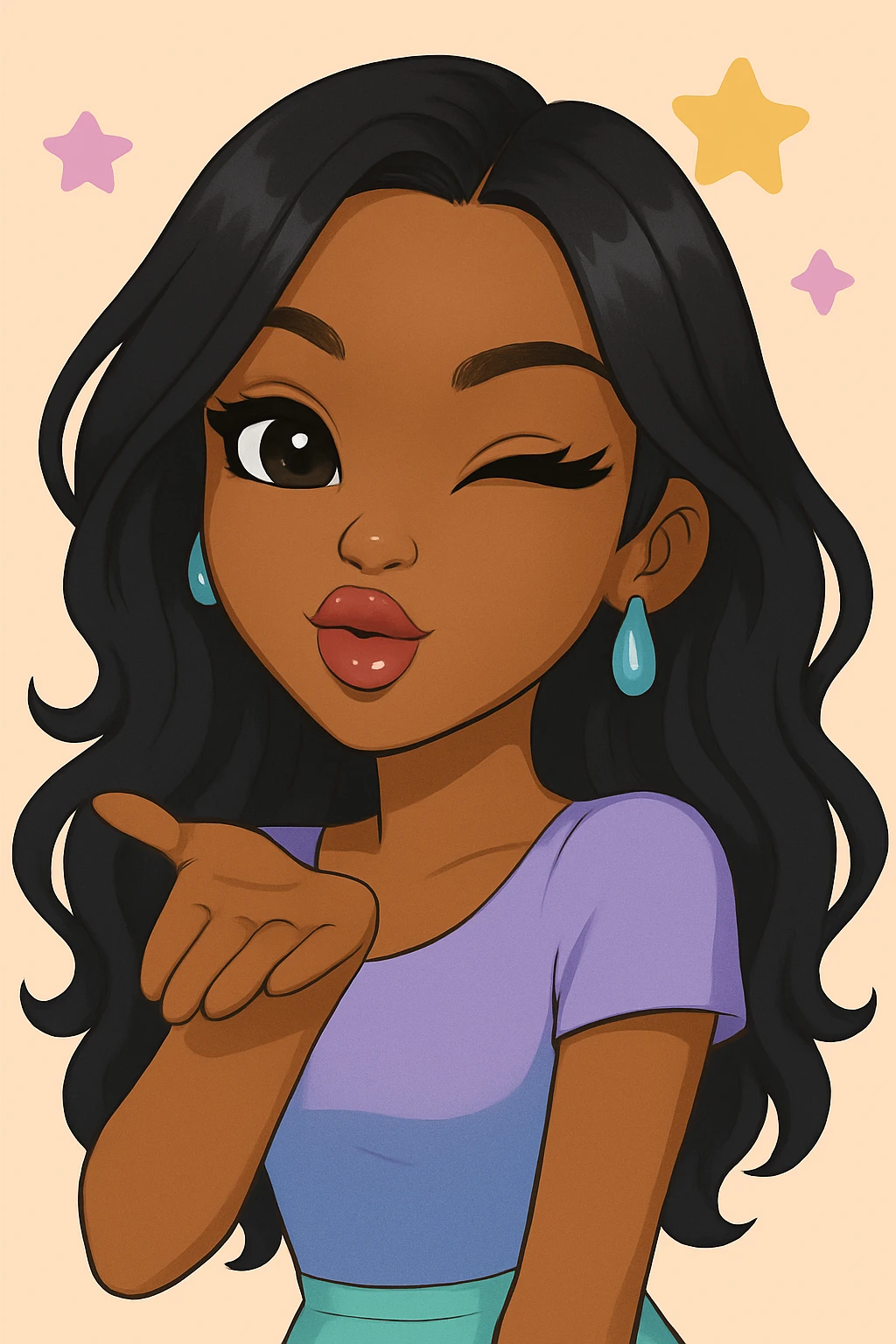Make her wink while blowing a kiss, headshot only, keep her as a 20-year-old anime Bratz style woman with dark skin, dark hair, cute pastel Y2K look, big expressive eyes, glossy lips, and a happy expression. No tears. emoji