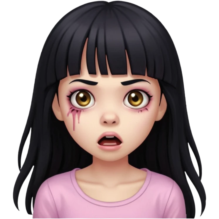 light-skinned Black zombie girl with long black hair and bangs, wearing a light pink blouse, with a surprised expression emoji