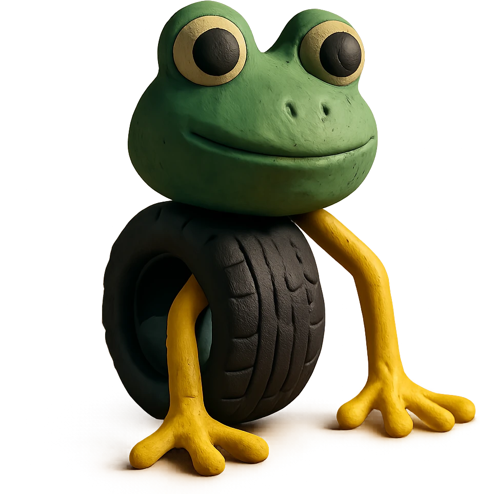 claymation style frog head on a tire with legs growing emoji