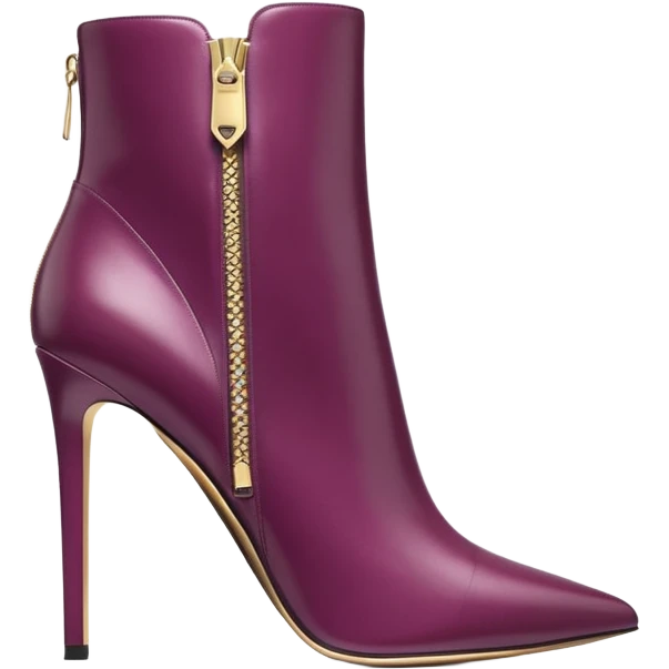 Hyper Realistic isolated side view,  Michael Kors plum color, luxury stiletto ankle bootie boots, gold side zipper emoji