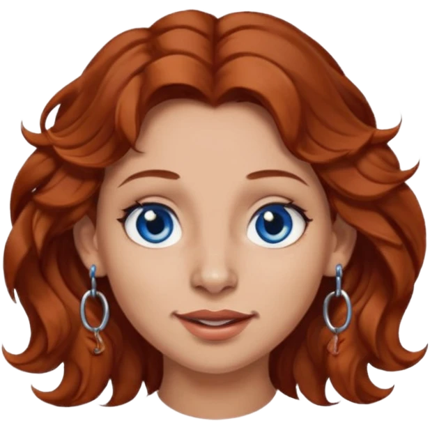 Create a custom emoji-style character inspired by a woman with medium length, wavy reddish-brown hair, light skin tone, dark blue eyes, a nose piercing on each nostril, and hoop earrings. Emphasize a mischievous expression. emoji