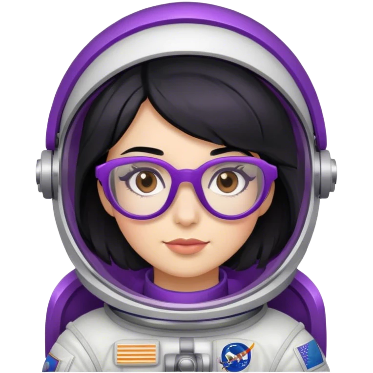 female astronaut with black hair brown eyes and purple glasses emoji